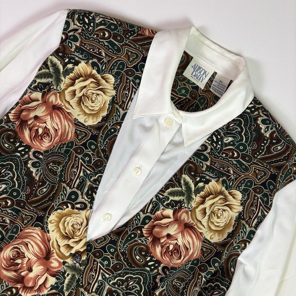 Vintage 90s Floral Paisley Attached Vest Button Up Women's PL Secretary Academia